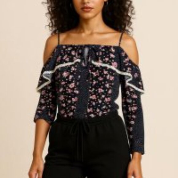 Liberty Love Black and Pink Tie Front Off The Shoulder Ruffled Blouse - Picture 1 of 7